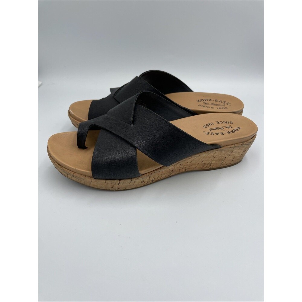 Kork-Ease Black Leather Slip On Wedge Sandals Women's size 10 Shoes
